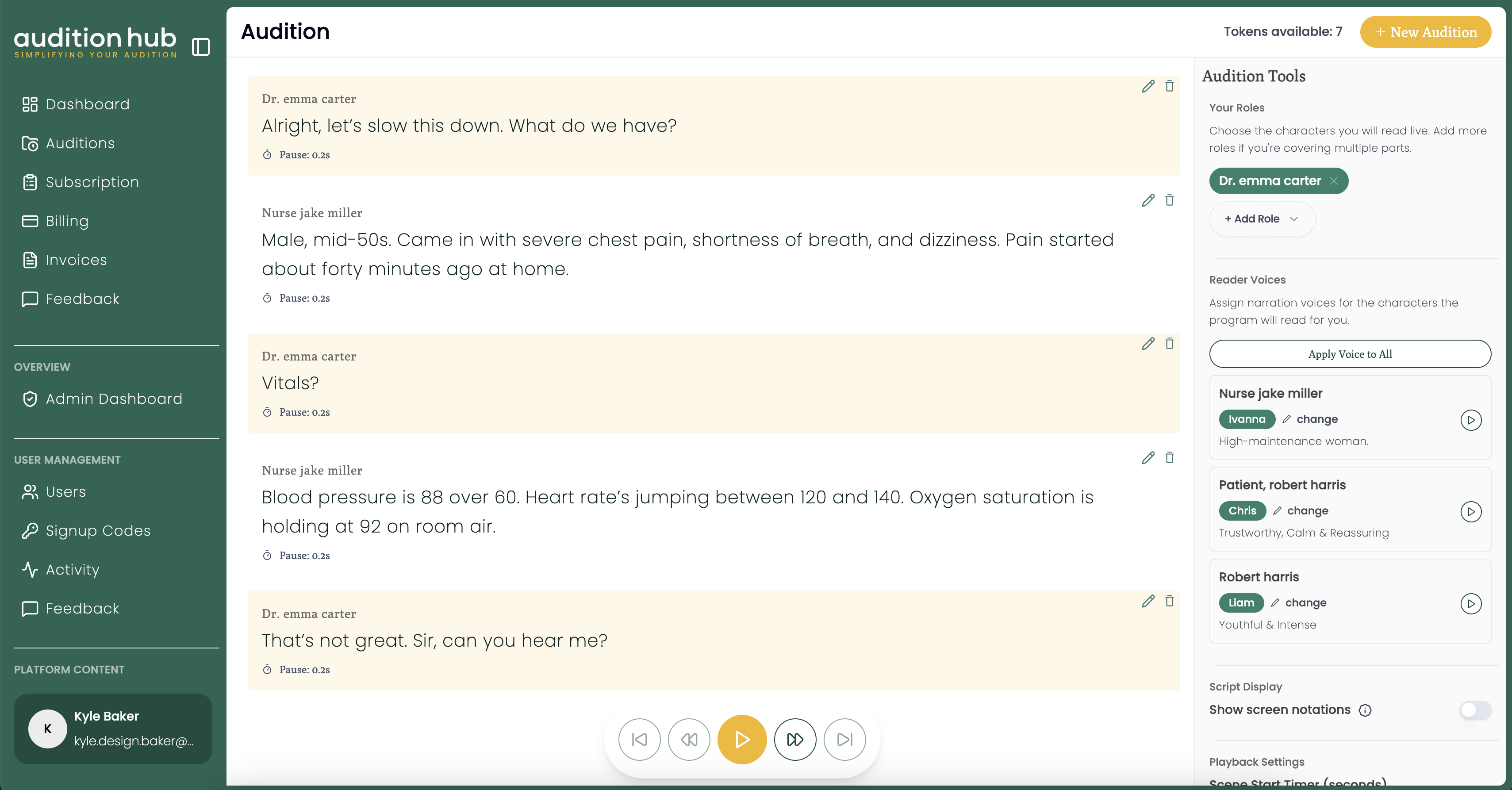Screenshot of Audition Hub Dashboard