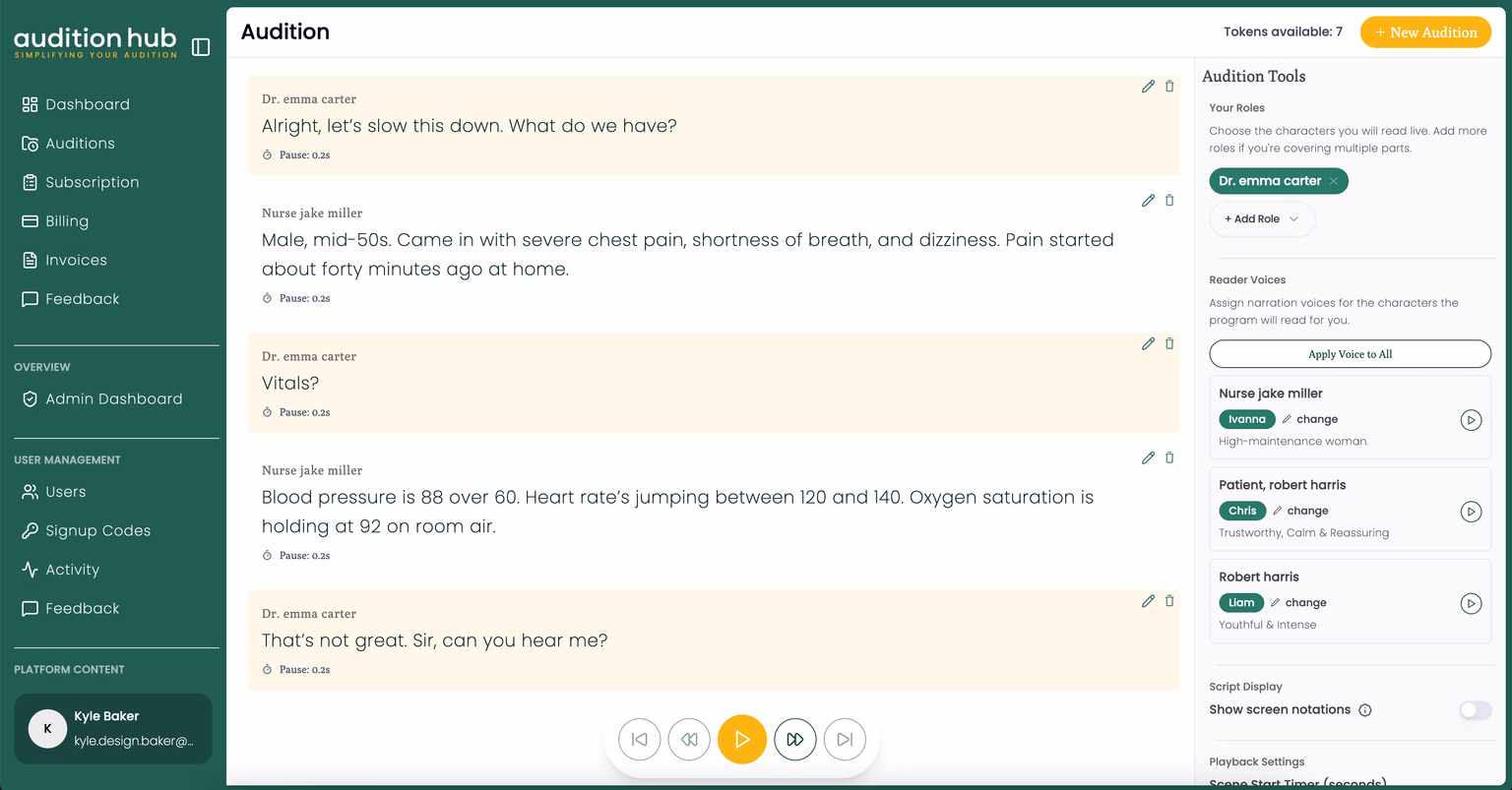 Screenshot of Audition Hub Dashboard